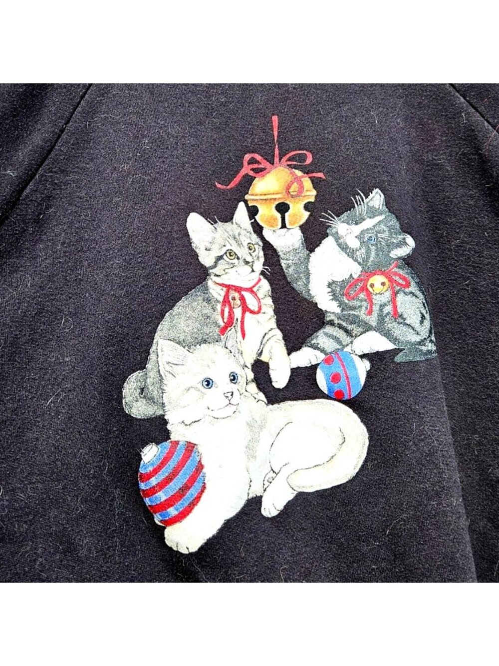 Vintage 90s Christmas Cat Sweatshirt Black 1X Gopher Sport - Picture 3 of 7